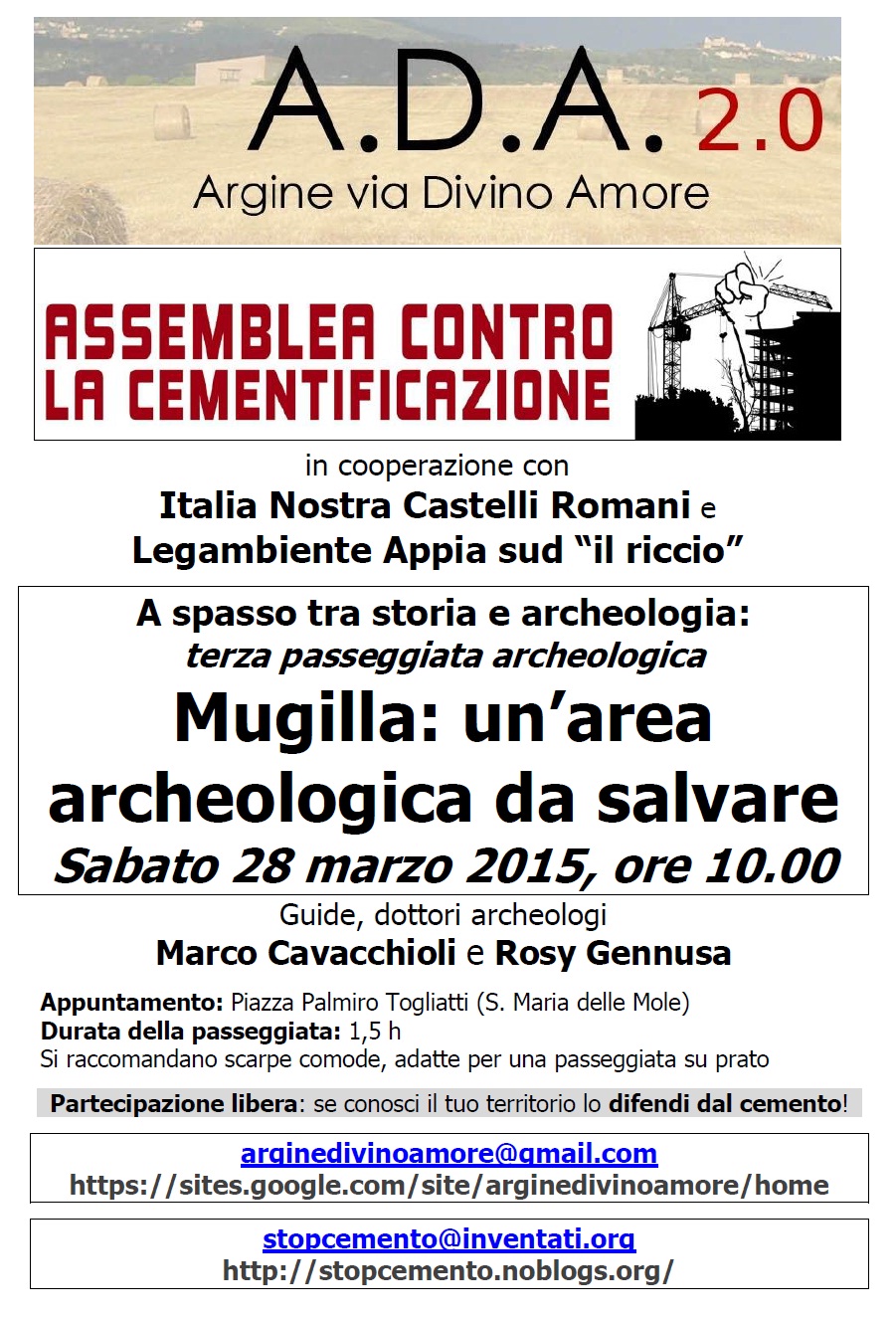 Incontro pubblico sabato 16 maggio, in piazza a S. Maria delle Mole. ACC  contro la cementificazione di Marino.