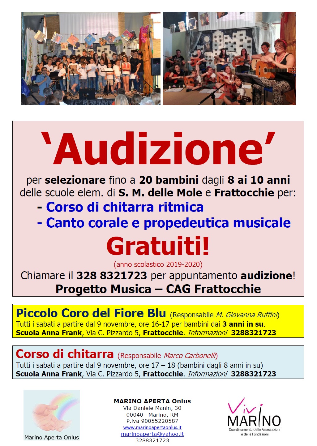 Audizioni per la selezione dei partecipanti ai Corsi di Chitarra e per il Piccolo Coro del Fiore Blu: corsi gratuiti offerti da Marino Aperta Onlus!