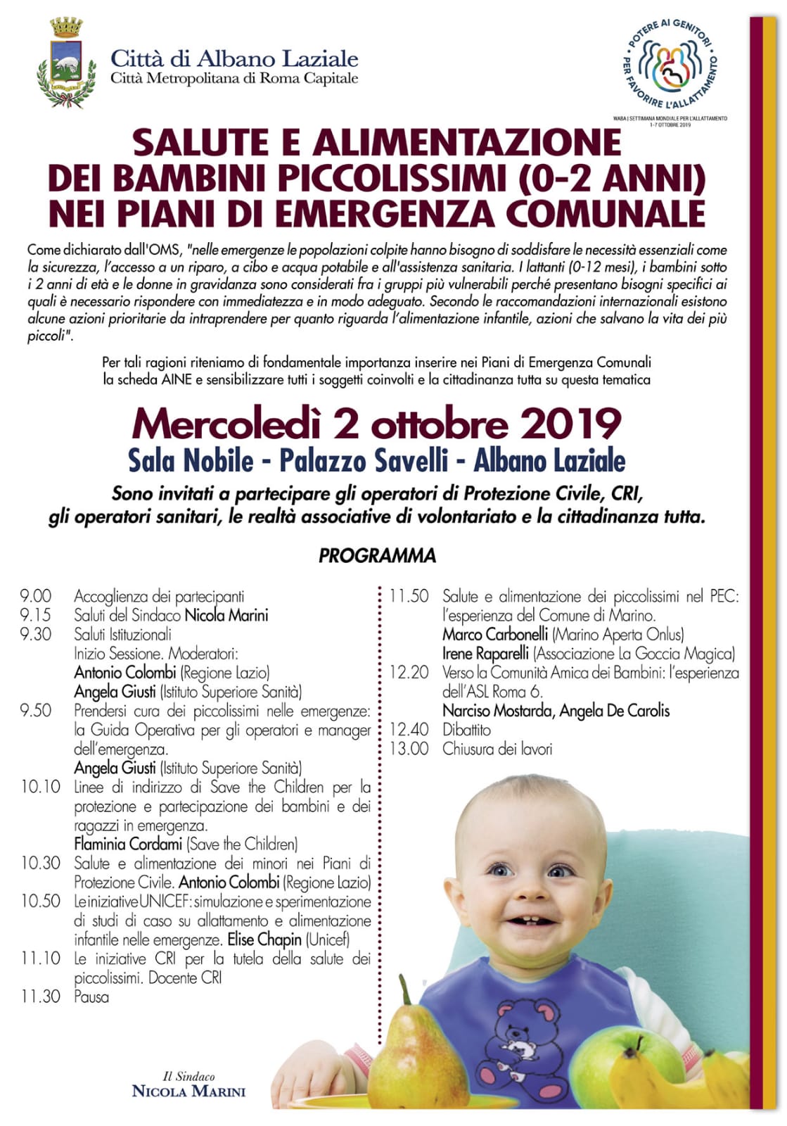 Piani di Emergenza Comunali e alimentazione infantile in emergenza: i risultati del convegno del 2 ottobre ad Albano, l’intervento di Marino Aperta e della Goccia Magica