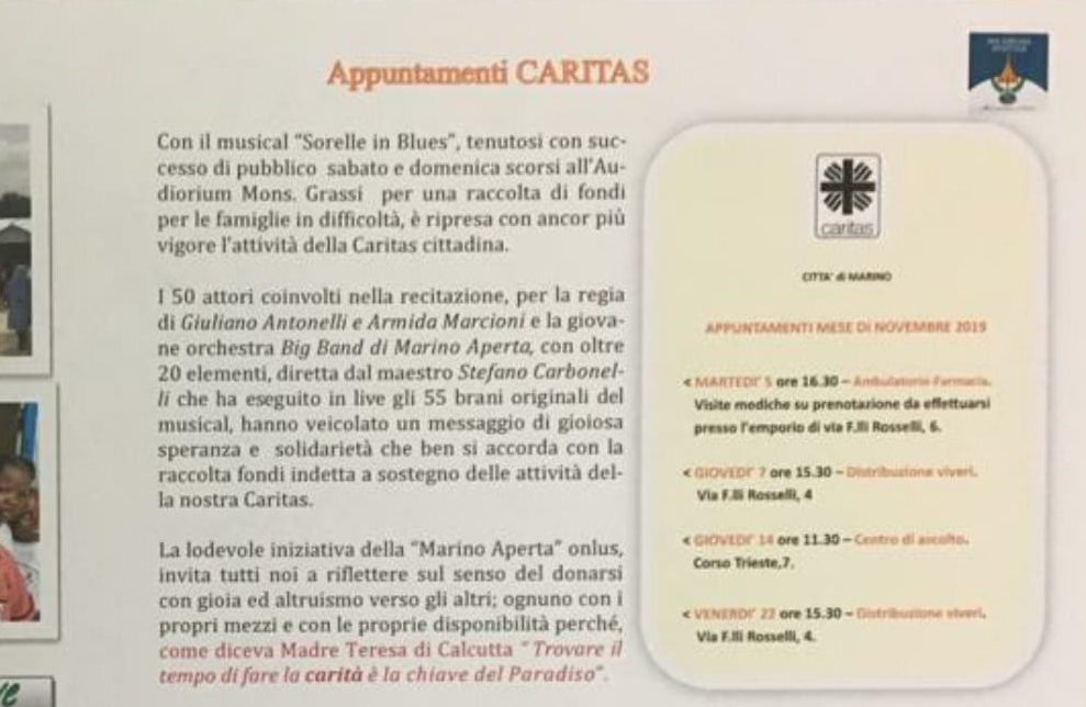 I ringraziamenti della Caritas Città di Marino a Marino Aperta Onlus