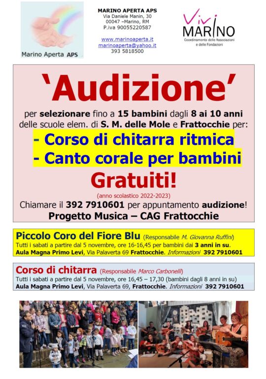 Ripartono il Piccolo Coro del Fiore Blu e i Corsi di Chitarra di Marino Aperta APS