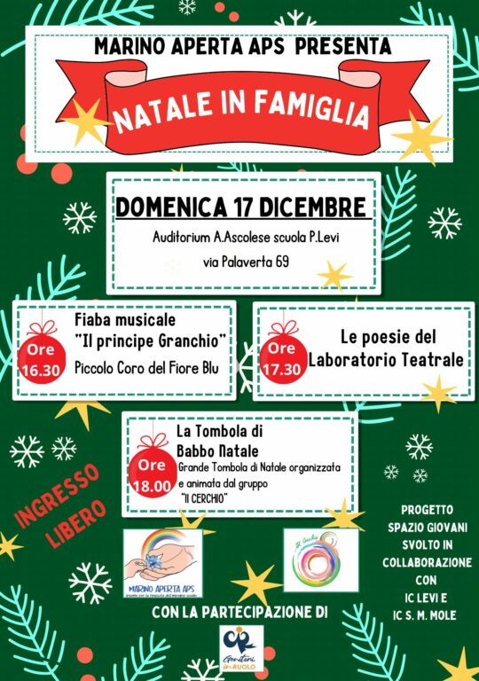 Natale in Famiglia a Frattocchie con Marino Aperta APS il 17 dicembre: canti, fiaba, poesia e tombolata