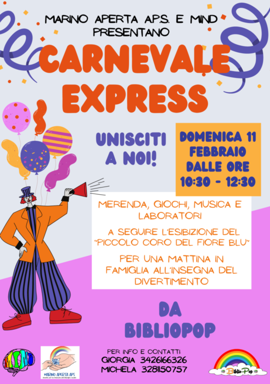 Carnevale Express Marino Aperta APS e MIND a S. Maria delle Mole: domenica 11 febbraio