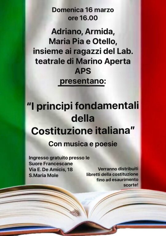 Evento Culturale con i giovani del Laboratorio teatrale di Marino Aperta APS: I Principi Fondamentali della Costituzione Italiana