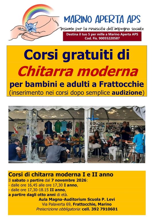 Ripartono i corsi di chitarra gratuiti a Frattocchie con Marino Aperta: al via le preiscrizioni. Inizio il 7 novembre
