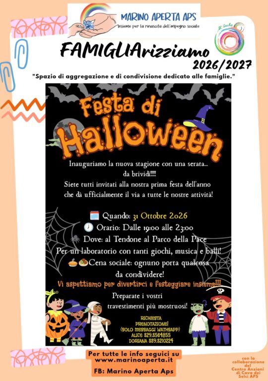 Marino Aperta APS: al via la nuova stagione con la Festa di Halloween nel Parco della Pace a Cava dei Selci il 31 ottobre